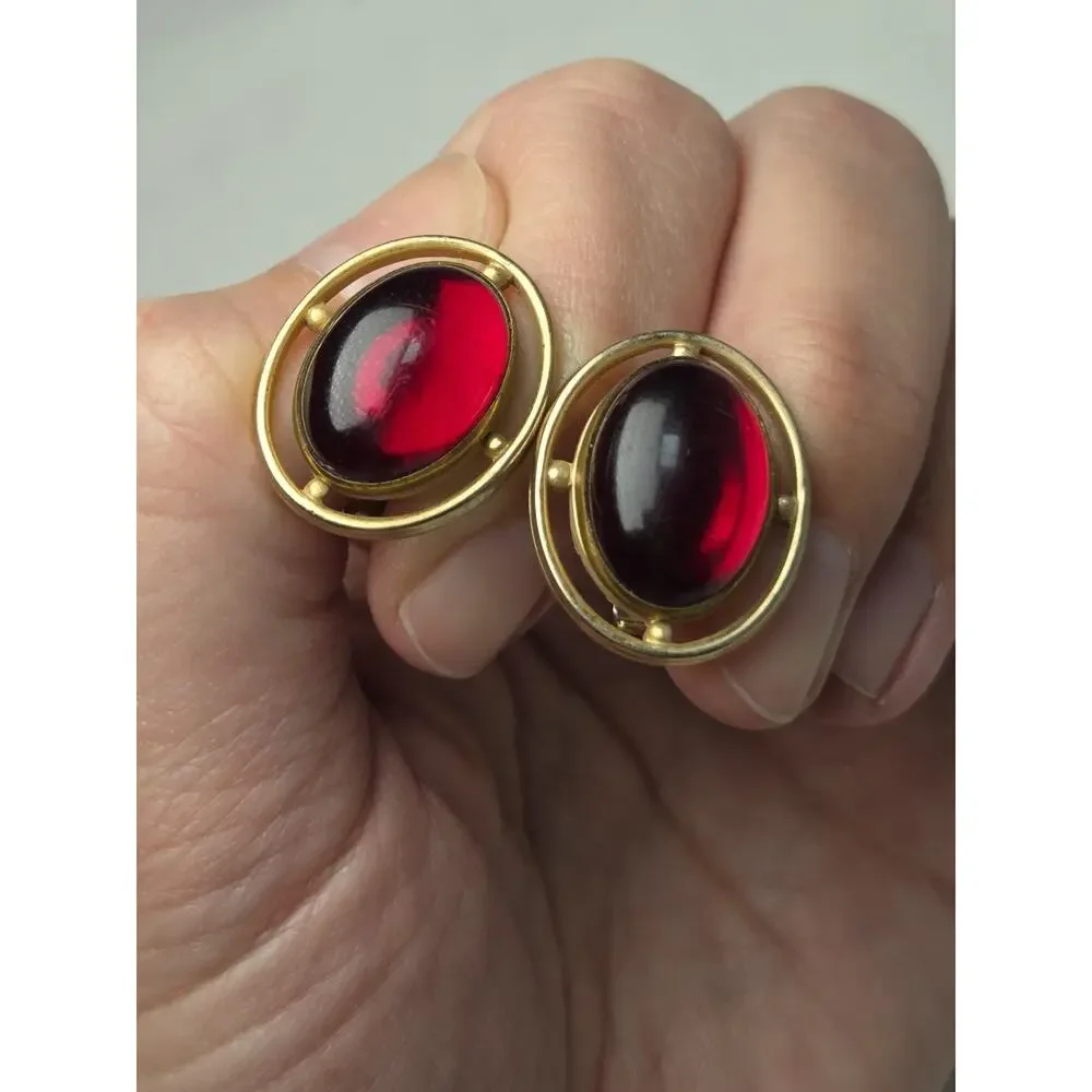 Anson Cufflinks Mens OS Burgundy Gold Cabochon Vintage Mid-Century Formal